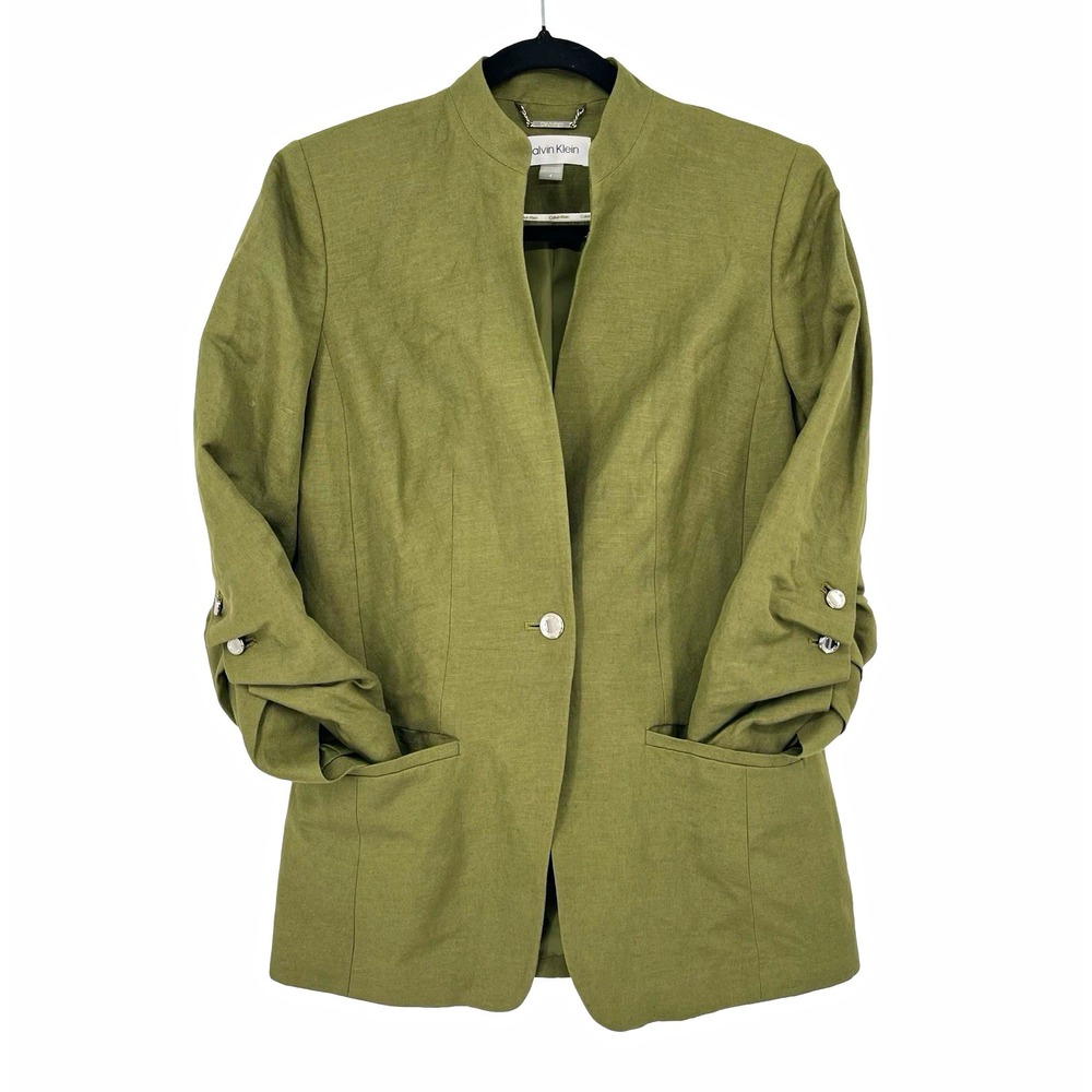 Calvin Klein Women's Size 4 Olive Green Linen Blend Blazer Ruched Sleeve Career
